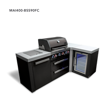 Load image into Gallery viewer, Mont Alpi 4-Burner Black Stainless Steel Island w/90 Degree Corner and Fridge Cabinet
