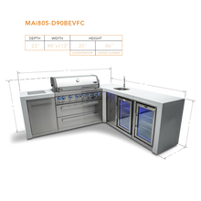 Load image into Gallery viewer, MONT ALPI 6-BURNER DELUXE ISLAND WITH A 90-DEGREE CORNER, BEVERAGE CENTER AND FRIDGE CABINETMAi805-D90BEVFC
