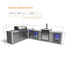 Load image into Gallery viewer, MONT ALPI 6-BURNER DELUXE ISLAND WITH A 90-DEGREE CORNER, KEGERATOR, BEVERAGE CENTER AND FRIDGE CABINET-MAi805-D90KEGBEVFC

